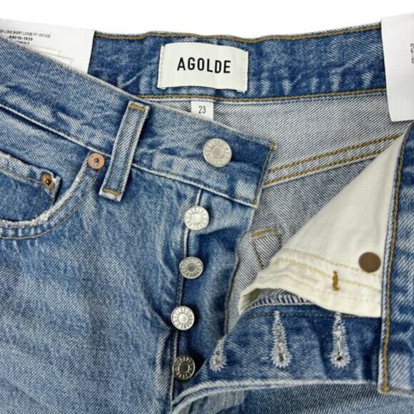 NWT AGOLDE Parker Long Mid Rise Cut-Off Denim Shorts Size 23 Fairway - Picture 7 of 11